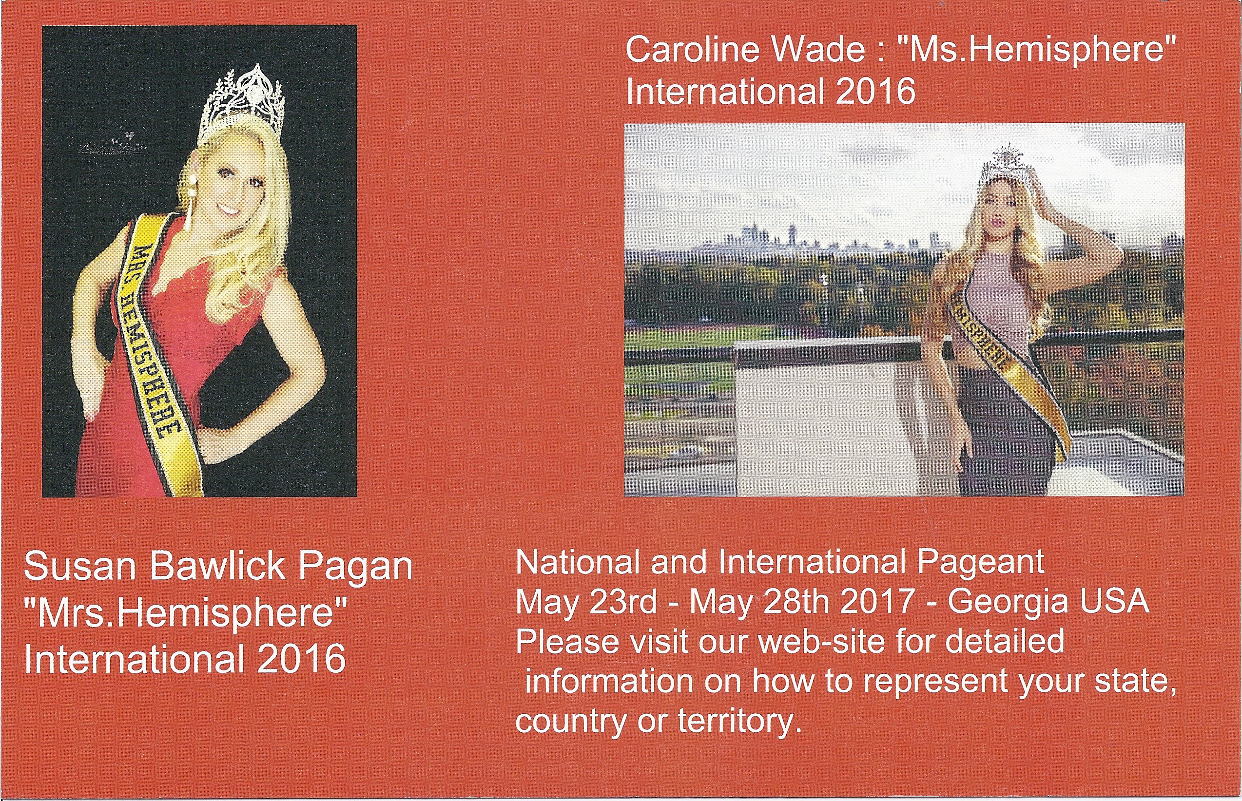 Susan Bawlick Pagan, Mrs. Hemisphere International 2016 and Caroline Wade, Ms. Hemisphere International 2016